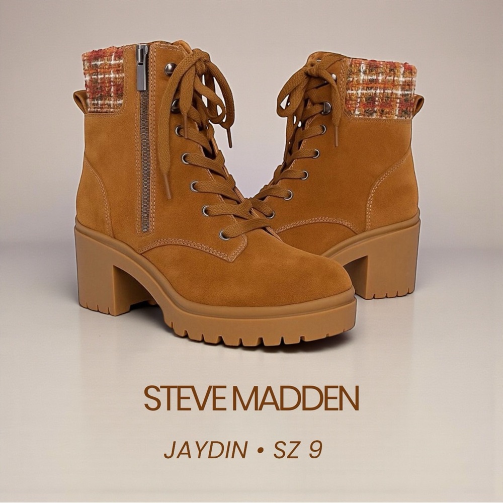 Steve Madden Jaydin Suede Lace Up Booties Lug Sole Block Heel Tweed Collar Tan 9